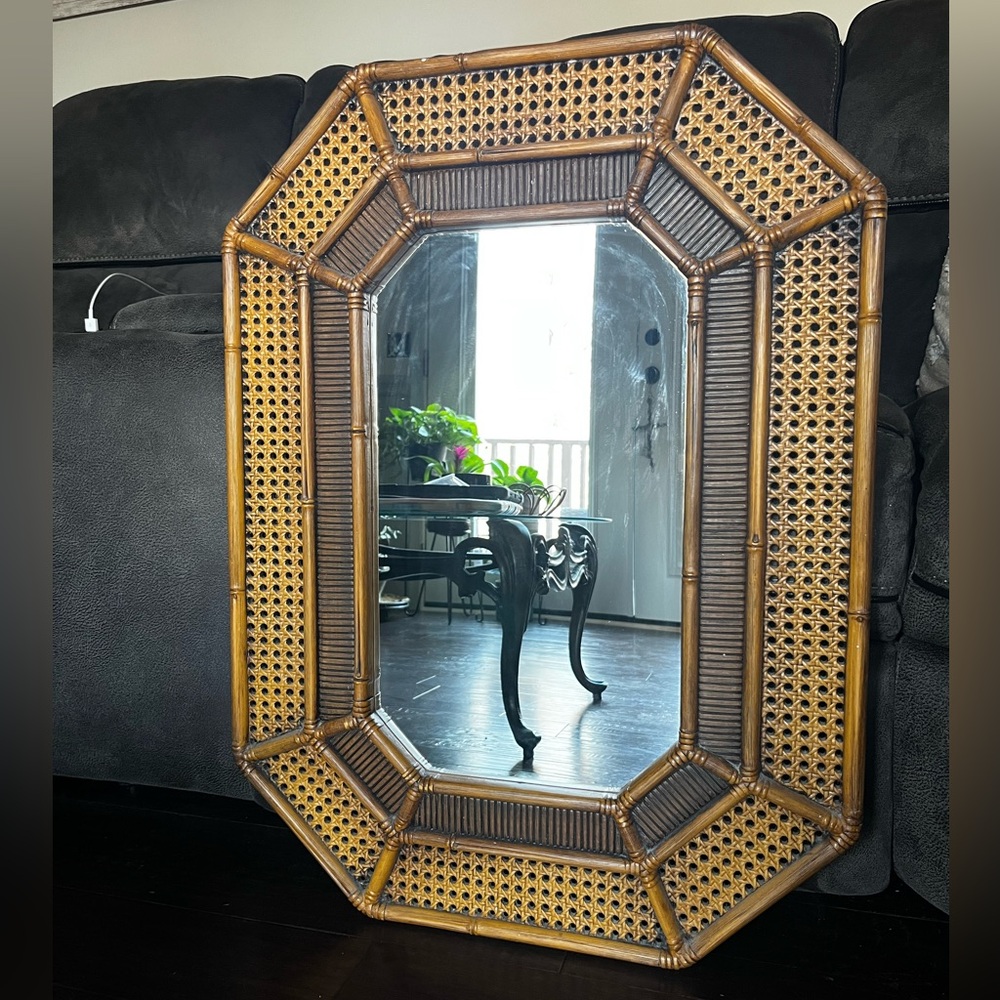 VINTAGE 1970s BURWOOD Faux Bamboo Hexagonal Mirror with canning